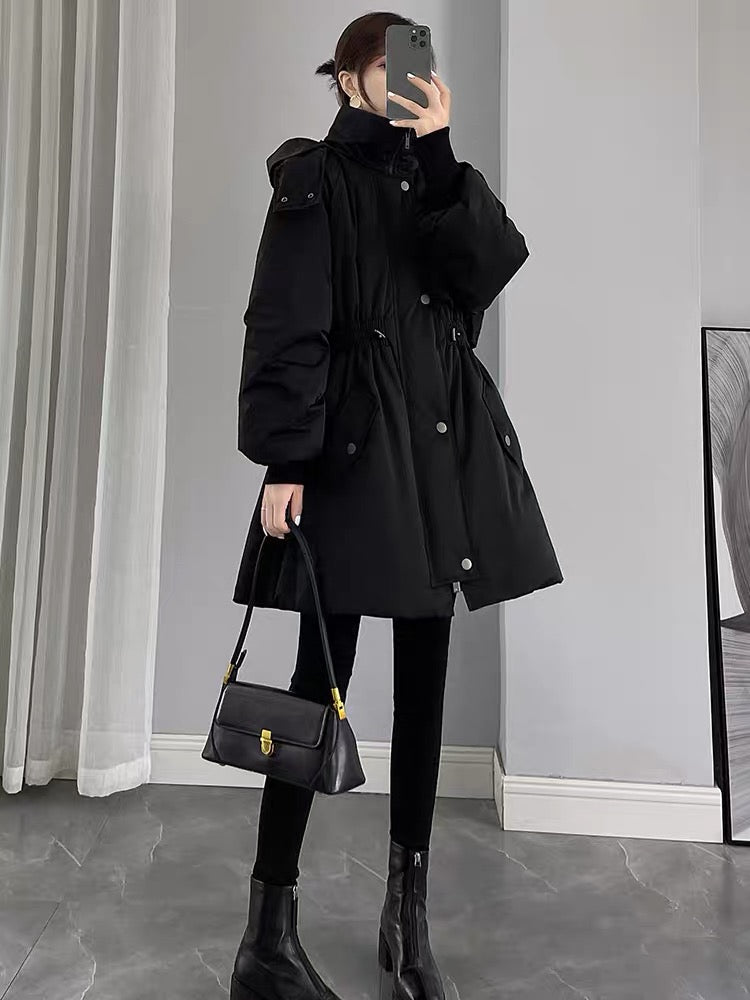 Black Down Jacket Women's Mid-Length 2023 New Winter Waist Slimming Pie Overcome White Duck Down Hooded Jacket