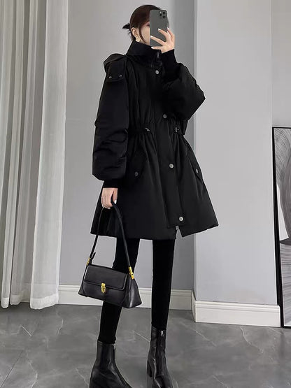 Black Down Jacket Women's Mid-Length 2023 New Winter Waist Slimming Pie Overcome White Duck Down Hooded Jacket