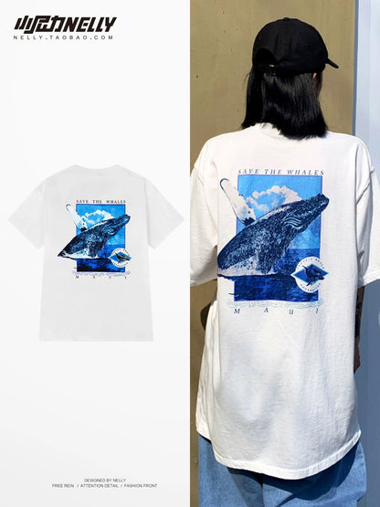 Heavy cotton short-sleeved T-shirt loose design blue whale print men and women summer trendy high street couple short sleeves