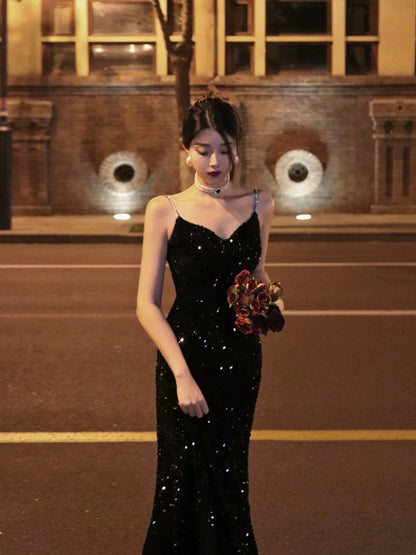 Thirteen and Little French suspender dress for women autumn velvet fishtail temperament black sequin evening dress