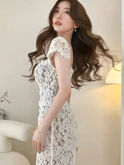 Sweet, Chic and Stunning Sweet Short Sleeve Women's Lace Dress Summer Women 2023 New French Hip Cover Long Skirt (S0932)