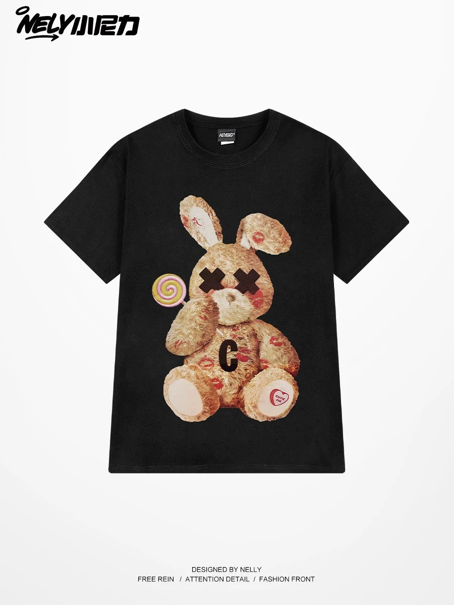 NELY American rabbit print cotton short-sleeved T-shirt for men and women summer fashion vintage couple tops