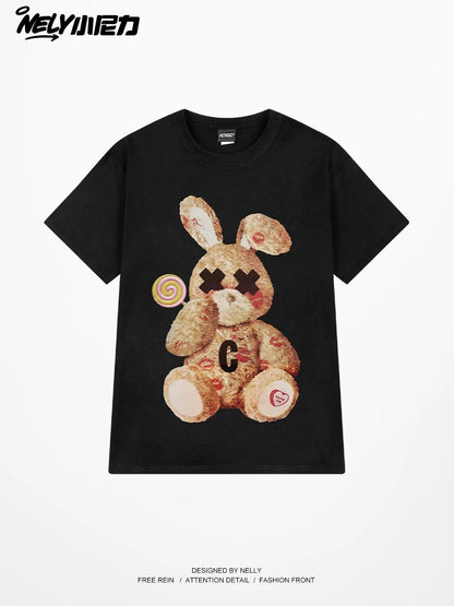 NELY American rabbit print cotton short-sleeved T-shirt for men and women summer fashion vintage couple tops