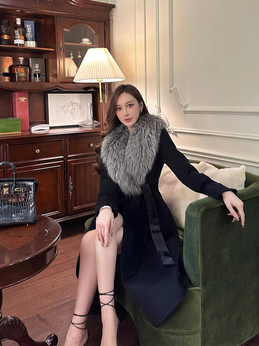 Shanxi said 100% wool V-neck with silver fox fur collar double-sided denim coat, feminine ladylike style mid-length coat (B1317)
