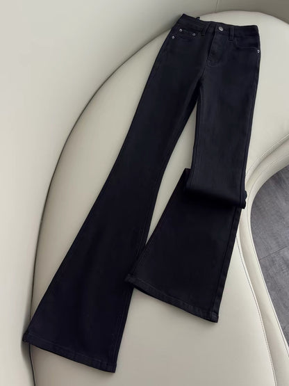 La Chapelle Women's Black Washed High-Waisted Stretch Flared Jeans (Floor-Length/Bootcut Style) – 2026 Spring/Autumn New Arrival