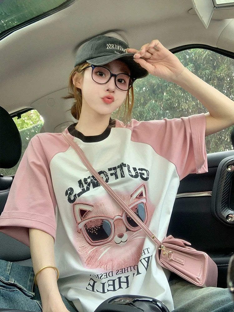 Pink raglan short-sleeved T-shirt for women in summer American loose sequined cat heavy print European goods large version top trend