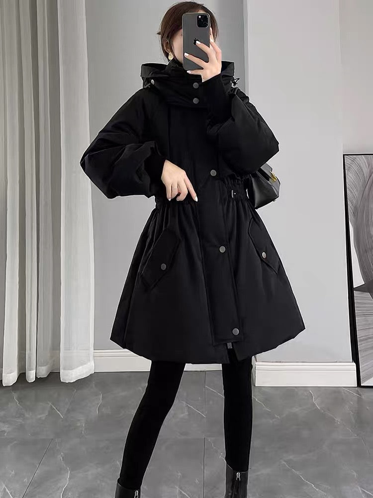Black Down Jacket Women's Mid-Length 2023 New Winter Waist Slimming Pie Overcome White Duck Down Hooded Jacket