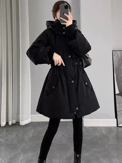 Black Down Jacket Women's Mid-Length 2023 New Winter Waist Slimming Pie Overcome White Duck Down Hooded Jacket