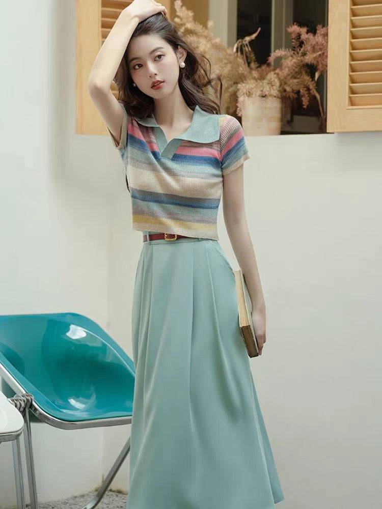 Polo collar summer ice silk college style knitted striped short-sleeved top and blue suit skirt two-piece set
