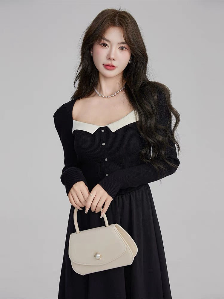 Volstagg French square neck black dress for women autumn knitted patchwork waist Hepburn style little black dress