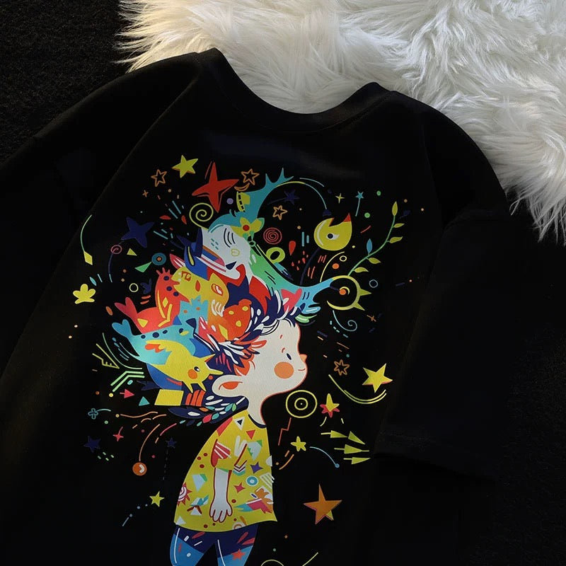 Jwneed Original cartoon trendy brand dopamine apricot short-sleeved t-shirt for women summer new niche couple wear unisex style top