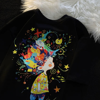 Jwneed Original cartoon trendy brand dopamine apricot short-sleeved t-shirt for women summer new niche couple wear unisex style top