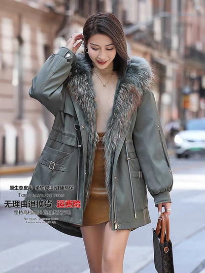 Winter fur parka women's 2023 mid-length hooded removable rex rabbit fur liner raccoon fur placket jacket