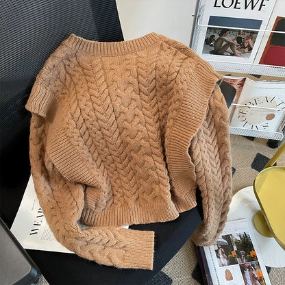 French salt top three-dimensional flower design short sweater women's fake two-piece loose long-sleeved knitted autumn new style