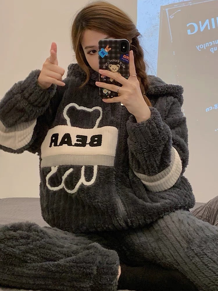 Coral velvet pajamas winter women's hooded zipper can be worn outside home clothes autumn and winter plus velvet thickened flannel