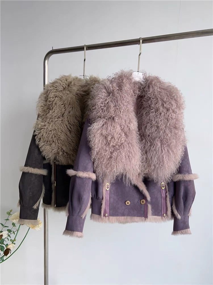 Haining's new rabbit fur natural fur all-in-one motorcycle wind beach wool fur collar foreign style new style women's winter light luxury women T3464