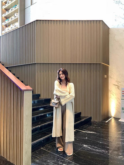 Lin Yan'er knitted cardigan windbreaker for women early autumn 2023 new loose lazy style mid-length sweater jacket (C183)