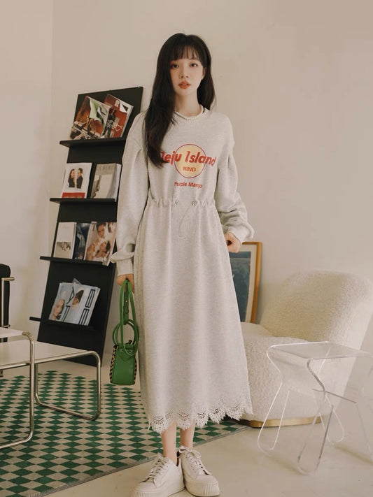 Gray Dress Spring and Autumn Women 2023 New Korean Style Waist Slimming College Style Lace Splicing Long Sweatshirt Skirt