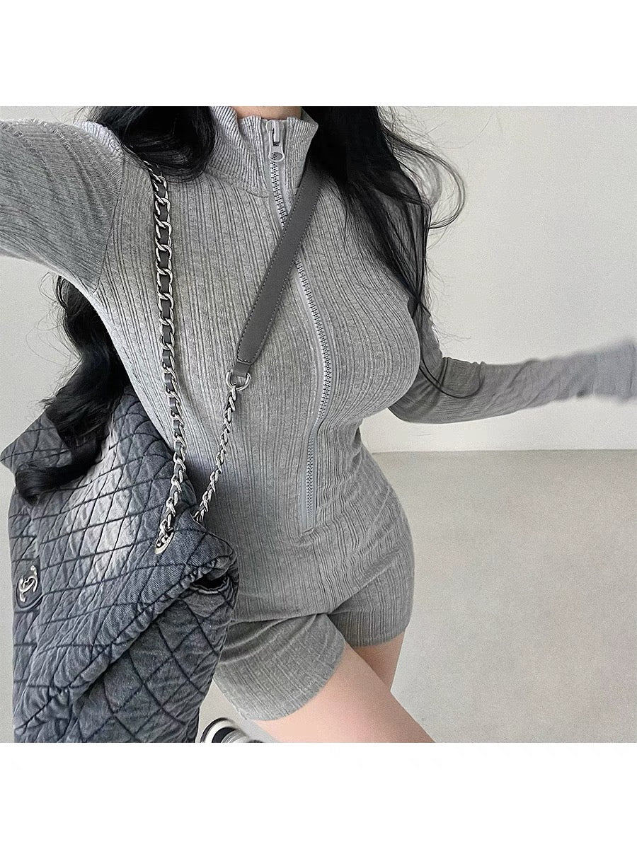 YoungGirlDay European and American style hot girl stand collar zipper slim slim long sleeve solid color knitted jumpsuit trendy (B1818)