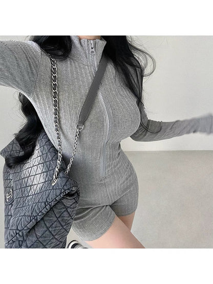 YoungGirlDay European and American style hot girl stand collar zipper slim slim long sleeve solid color knitted jumpsuit trendy (B1818)
