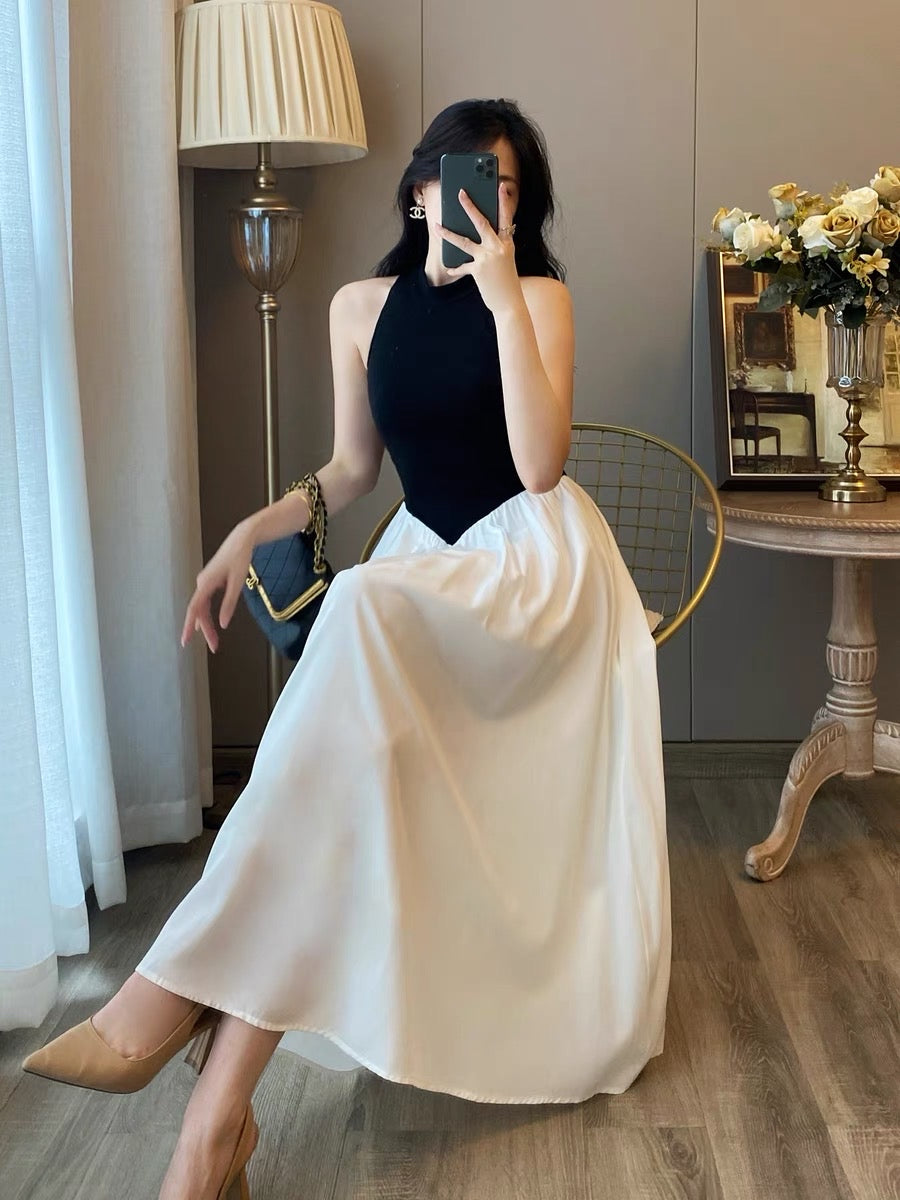 French retro sleeveless halterneck off-shoulder dress women's summer small fragrance contrast color high-quality temperament long dress