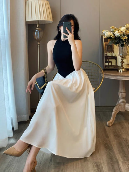 French retro sleeveless halterneck off-shoulder dress women's summer small fragrance contrast color high-quality temperament long dress