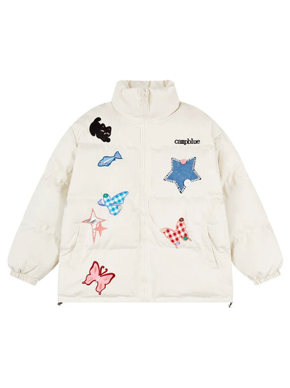 American retro trendy brand butterfly five-pointed star warm and cute bread coat cotton coat jacket for men and women winter cotton coat and jacket