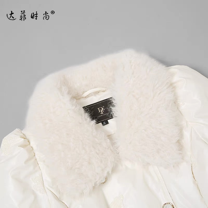 Winter 2023 new women's off-white fur collar mid-length white duck down jacket thickened waist and knee-length