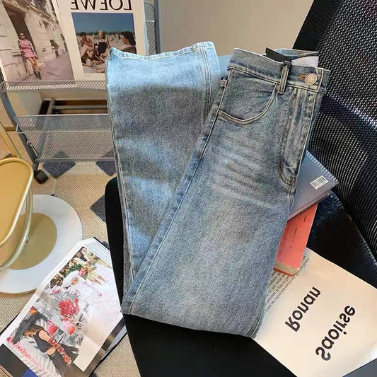 Hong Kong chic retro washed high-waisted jeans for women early autumn new design slim slim straight pants trendy