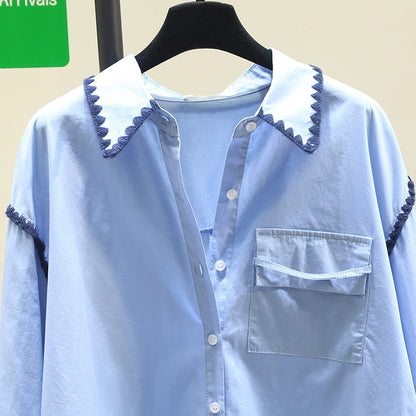 Blue design shell embroidered shirt for women 2024 spring new Korean loose slim shirt chic top
