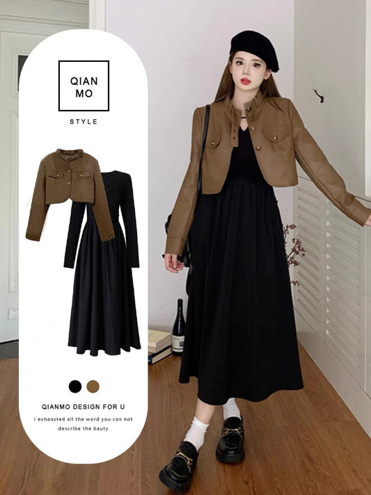 Plus size Hepburn style 2023 autumn two-piece short motorcycle pu leather jacket + waist black dress for women (S0970)