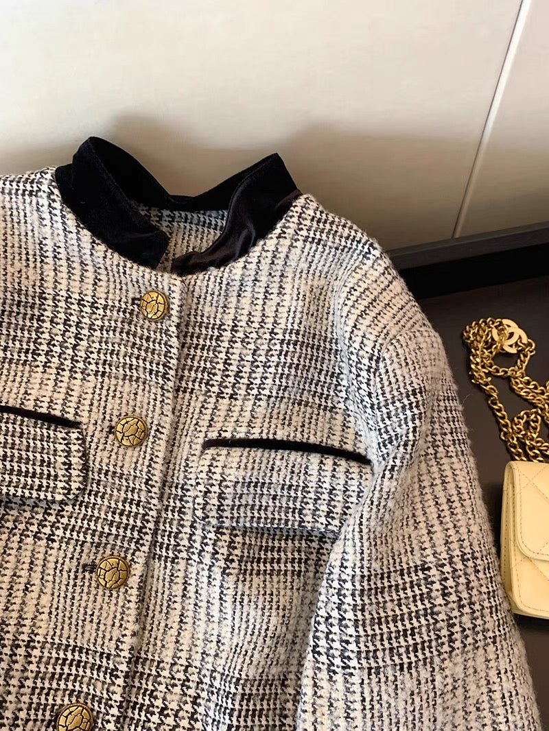 French contrasting color splicing tweed short coat for women autumn and winter 2023 new temperament socialite small fragrant style slimming top