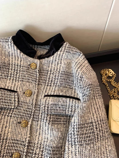 French contrasting color splicing tweed short coat for women autumn and winter 2023 new temperament socialite small fragrant style slimming top