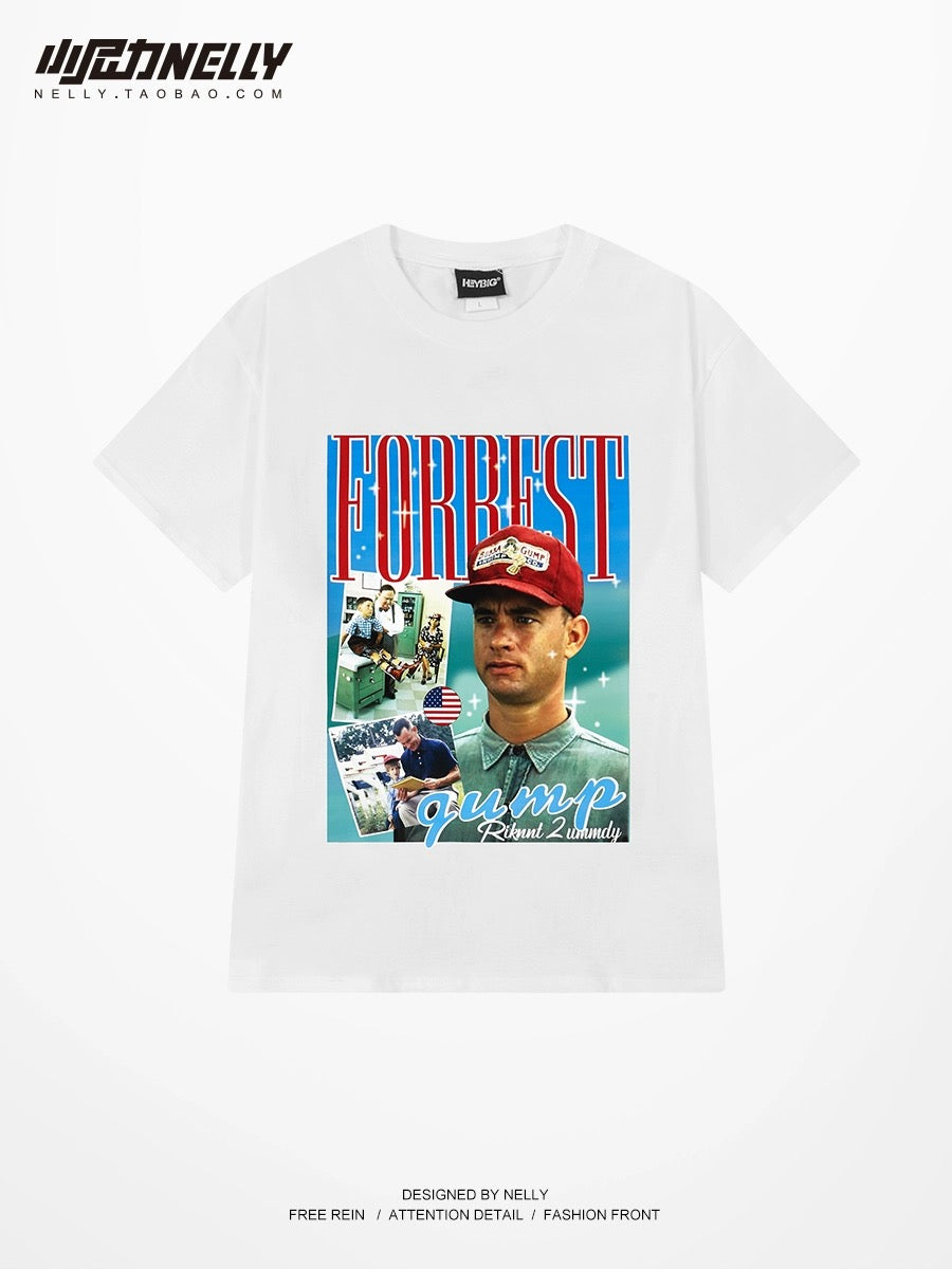 Heavy American retro poster pattern pure cotton short-sleeved T-shirt men and women loose summer ins casual half-sleeve five-point sleeves