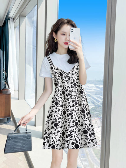 Summer dress 2024 high-end temperament fake two-piece dress new style Internet celebrity hot style small chiffon skirt female summer