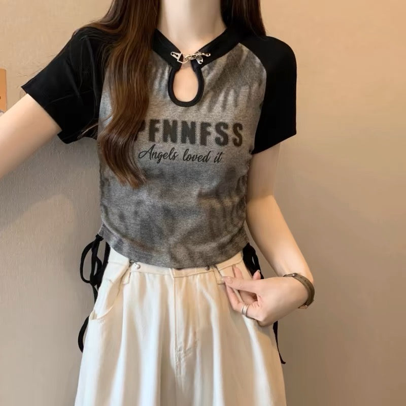 Large size American retro right shoulder T-shirt short-sleeved women's summer irregular hot girl short fat mm belly-covering slimming top