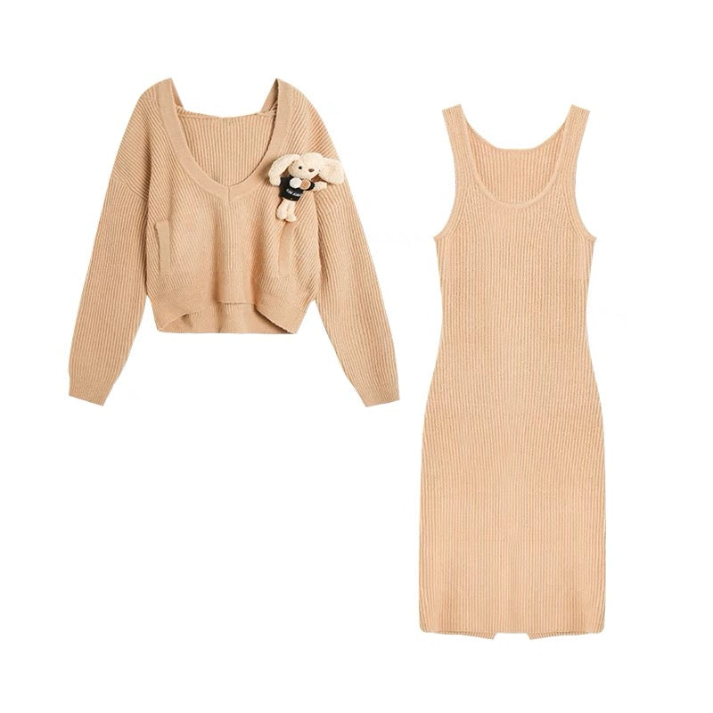 LLL LAB/Xiaoxiangfeng suit winter two-piece hooded knitted top dress tea style outfit complete set (S0561)