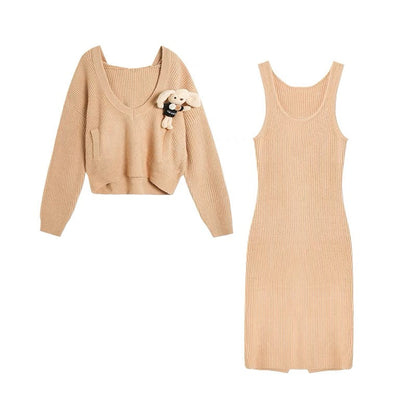 LLL LAB/Xiaoxiangfeng suit winter two-piece hooded knitted top dress tea style outfit complete set (S0561)