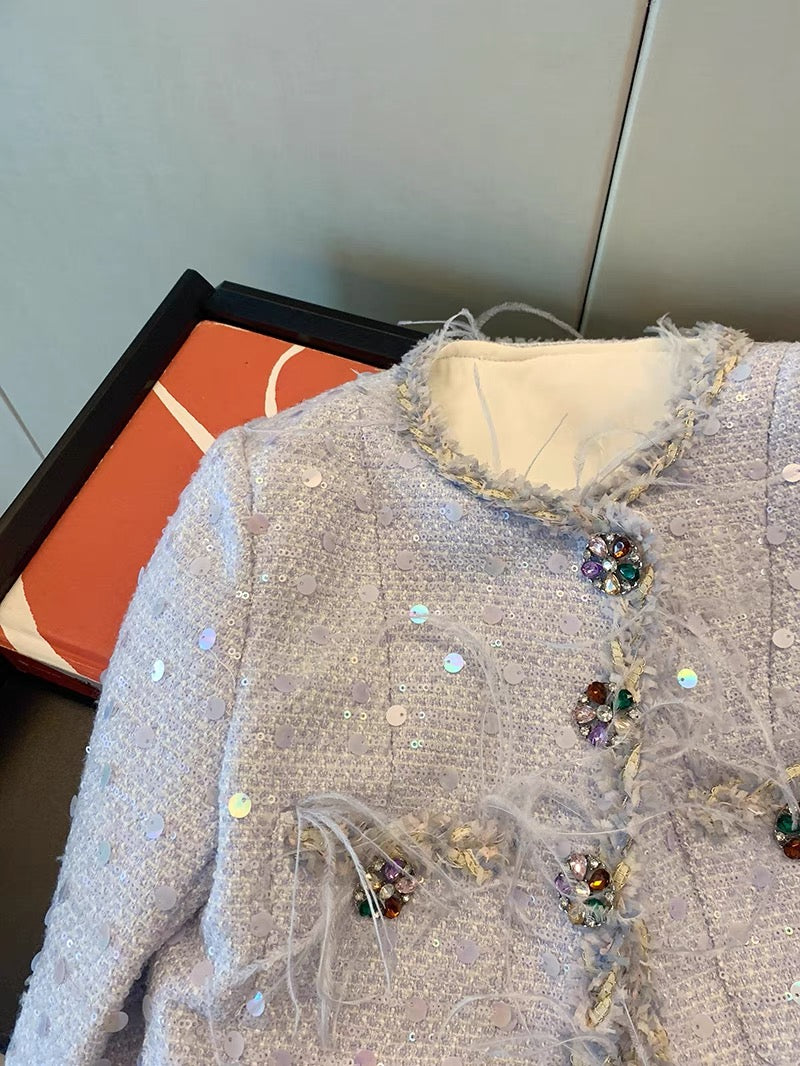 High-end heavy industry sequined feather short coat for women autumn and winter 2023 new style exquisite and super good-looking small fragrance top