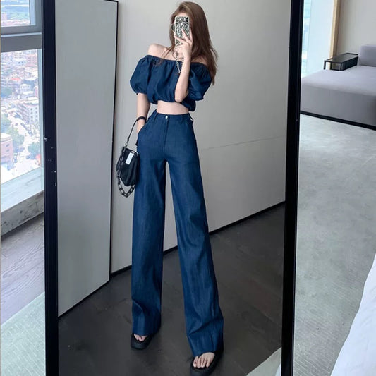 Fashionable age-reducing two-piece summer one-piece collar puff-sleeved top for women high-waisted wide-leg trousers denim suit for women summer