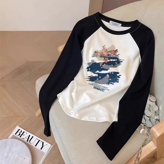 Contrast color pure cotton inner wear design sense splicing long-sleeved T-shirt female 2025 autumn and winter new European goods loose slim top M
