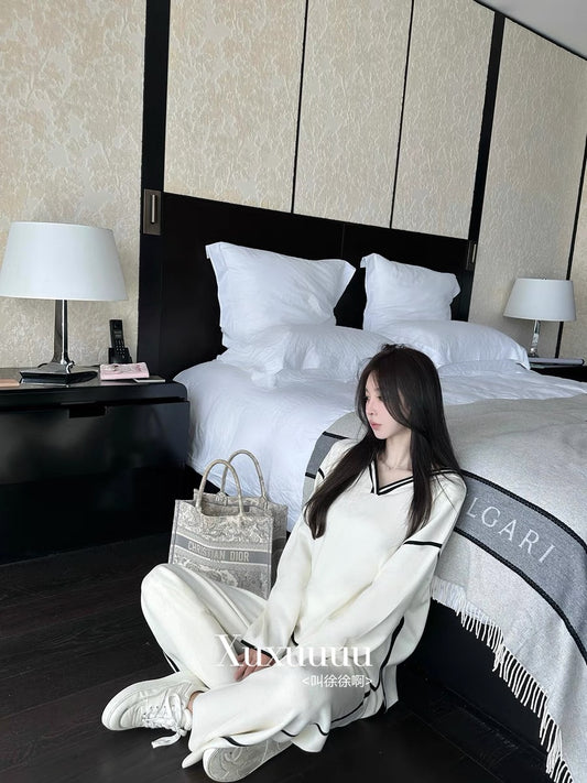 Xu Xuah [Black and Whiteism] Xiaoxiangfeng Knitted Pullover Wool Sweatshirt Jacket Casual Knitted Loose Pants