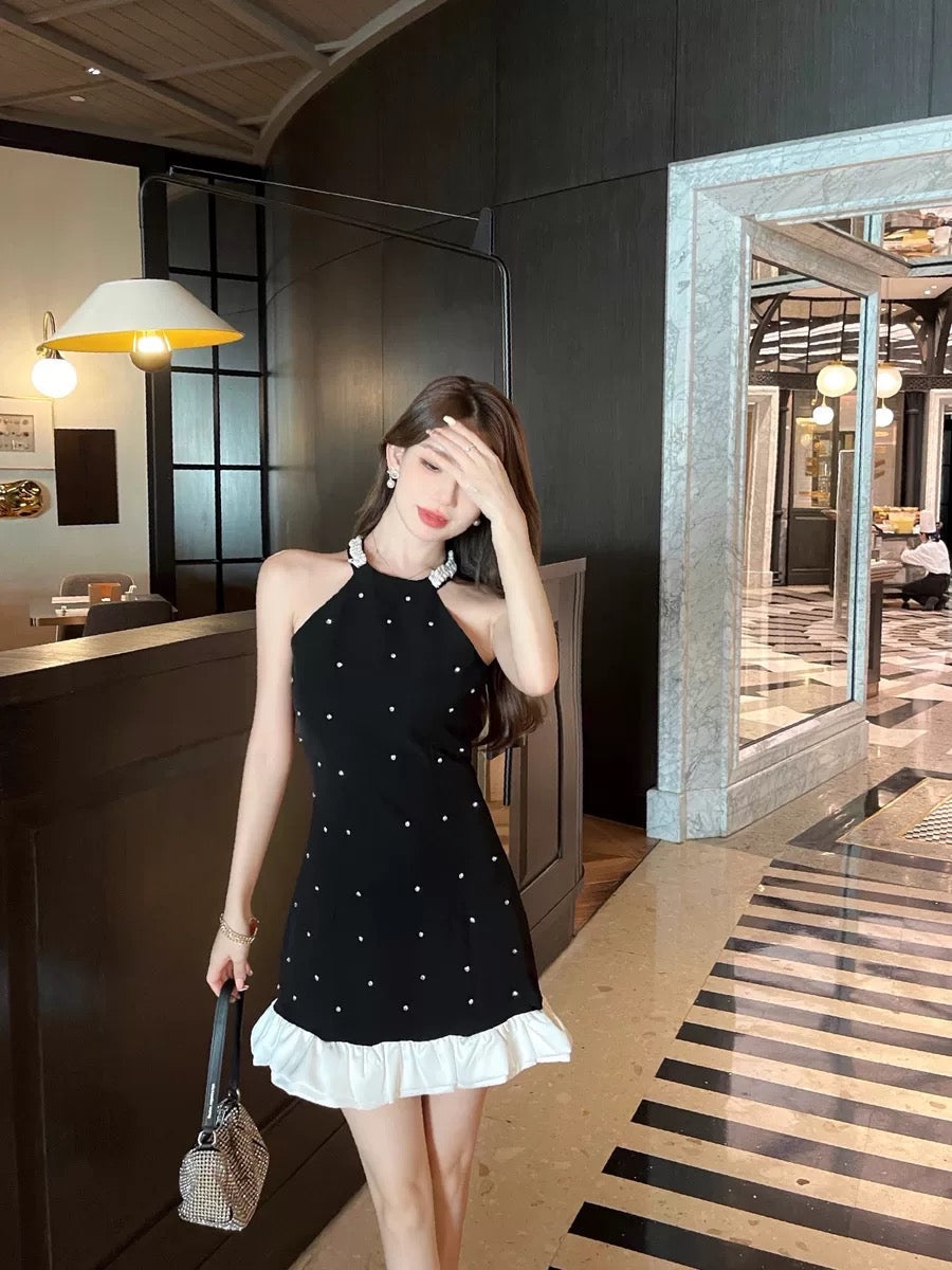 Born Miss French High-end Heavy Industry Black Halter Neck Dress Temperament Goddess Fan Luxury High Definition