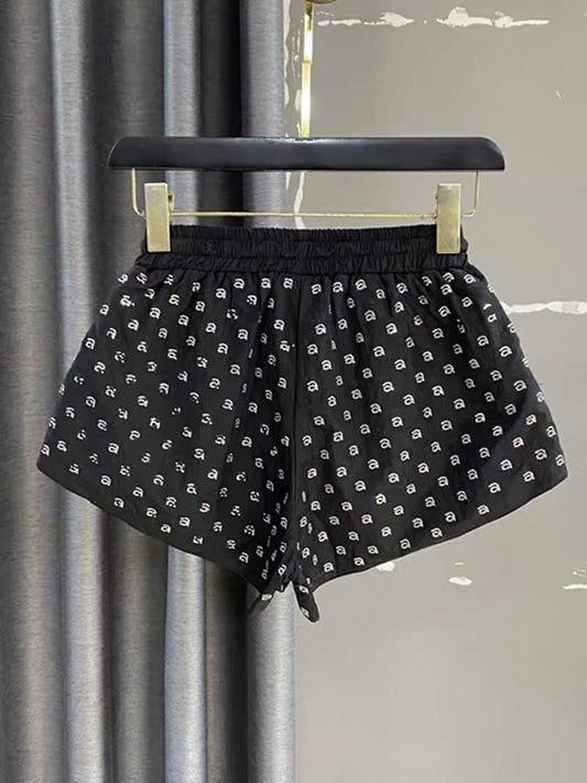 European Station 2023 Heavy Industry Alphabet Hot Diamond A-line Shorts Women's Summer New Elastic Waist Wide Leg Sports Hot Pants Trend