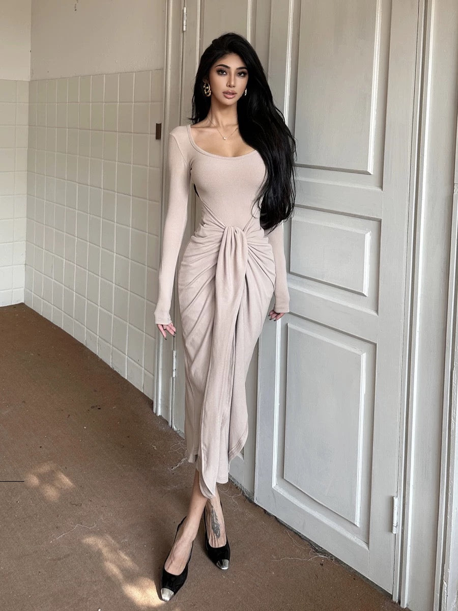 HELEN/Multiple ways to wear/Love-shaped collar autumn and winter dress women's waist and abdomen strap double-sided brushed temperament slim skirt (D2521)