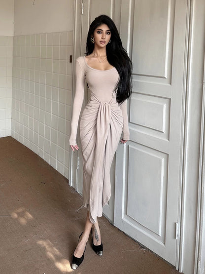 HELEN/Multiple ways to wear/Love-shaped collar autumn and winter dress women's waist and abdomen strap double-sided brushed temperament slim skirt (D2521)