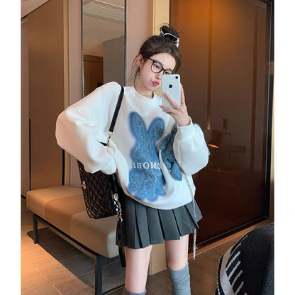 White heavy industry rabbit pullover sweatshirt for women spring and autumn 2023 new loose lazy style oversize round neck top