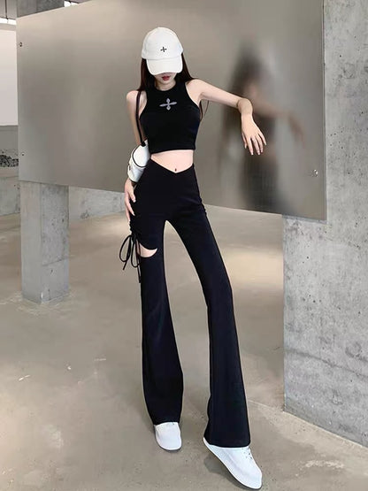 Design niche ripped casual pants for women in autumn new drawstring high waist slim fit flared floor mopping pants (B3911)