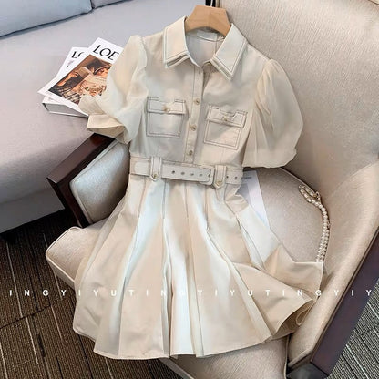 2023 summer new waist high-end heavy industry shirt Polo collar dress female niche high-end puff sleeve skirt