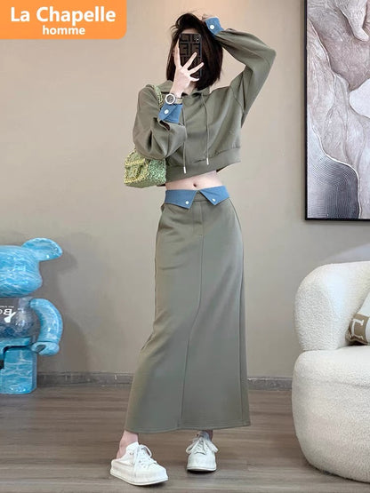 La Chapelle casual sports suit skirt women's autumn 2023 new hooded sweatshirt design skirt two-piece set